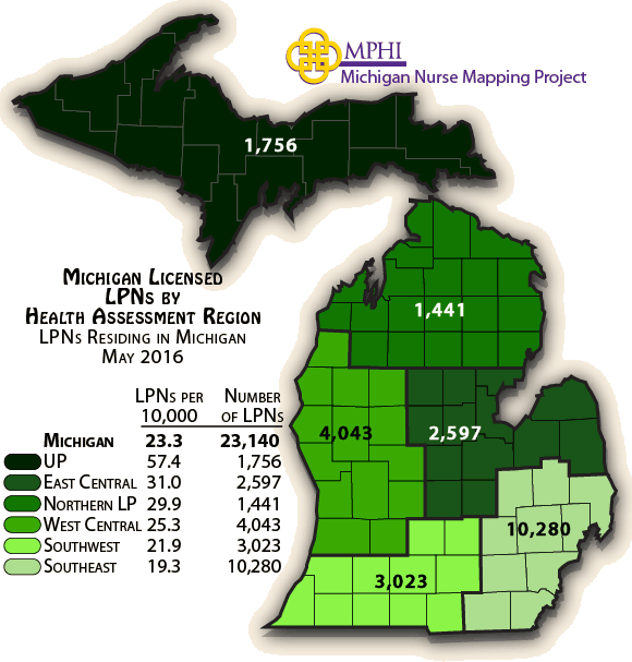 map depicts Michigan licensed practical nurses by health assessment regions in 2016